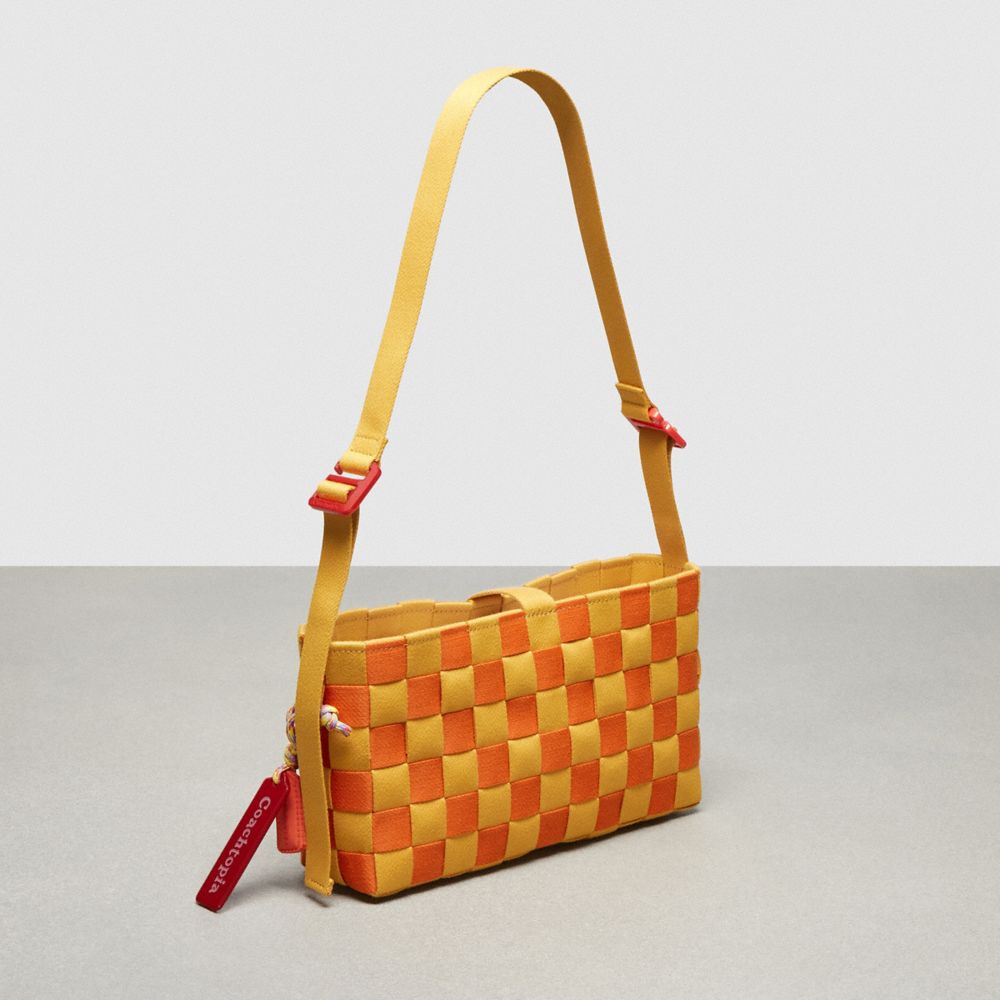 COACH®,Woven Checkerboard Shoulder Bag,Shoulder Bag,Plastic,Logo,Word Embellishment,Day Party,Multi Color,Angle View