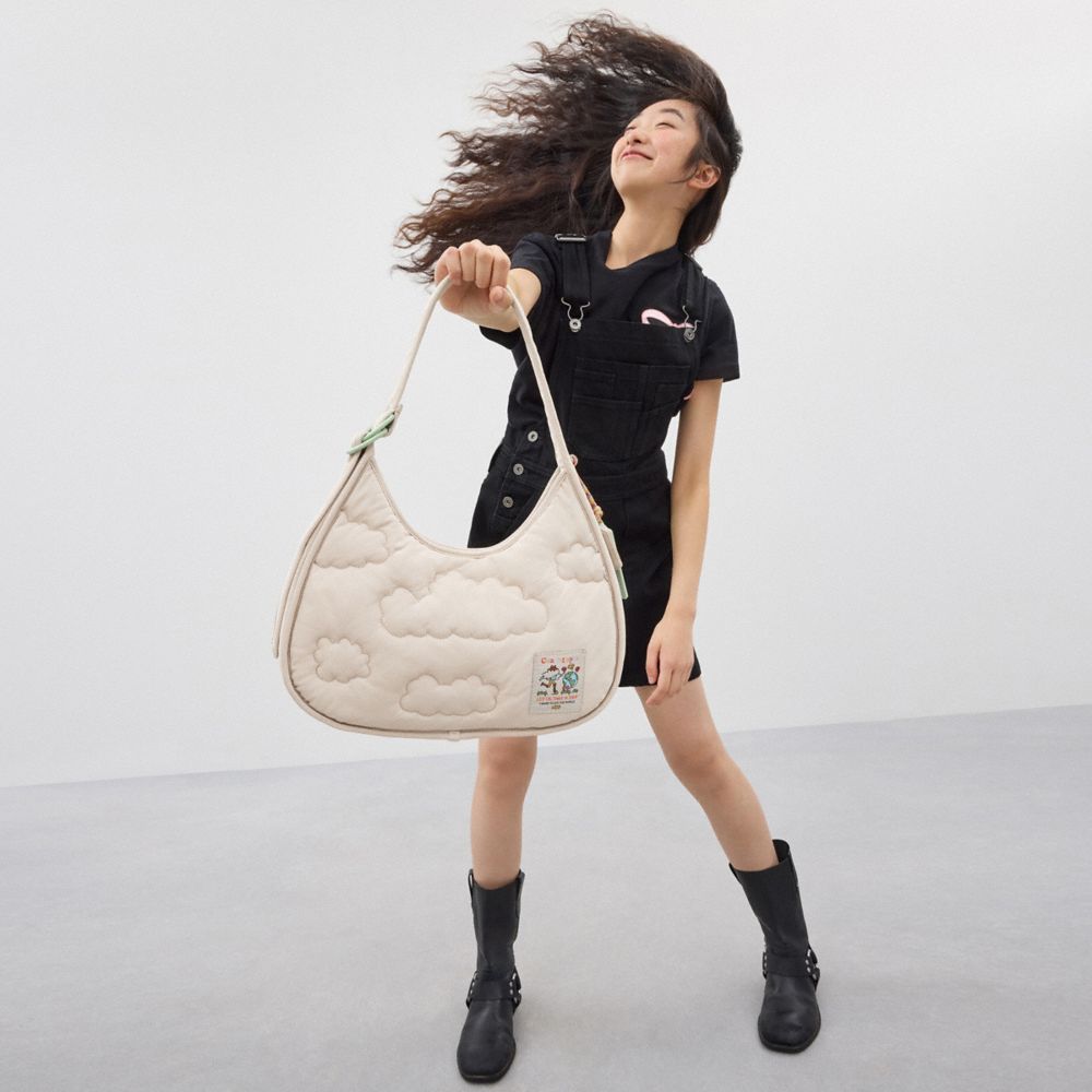 COACH®,Coachtopia Loop Ergo Bag With Cloud Quilting,Lining Polyester,Shoulder Bag,Plastic,Tag Embellishment,Logo,Casual,Cream,Detail View