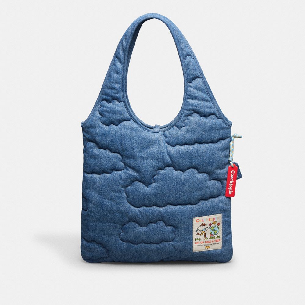 COACH®,Flat Tote With Cloud Quilting,Large,Denim,Front View