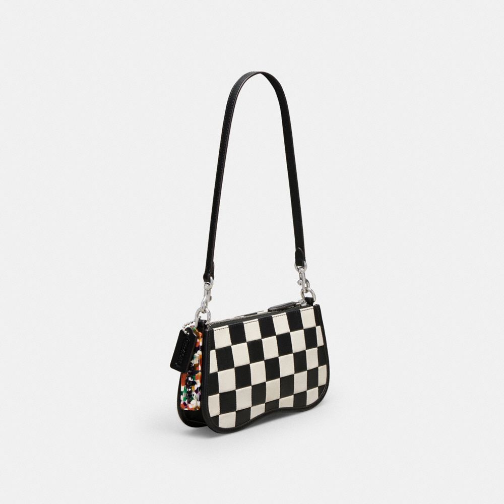 COACH®,Alter/Ego Small Wavy Shoulder Bag In Checkerboard Upcrafted Leather,Leather,Shoulder Bag,Baguette,Plastic,Embossed,...,Black,Angle View