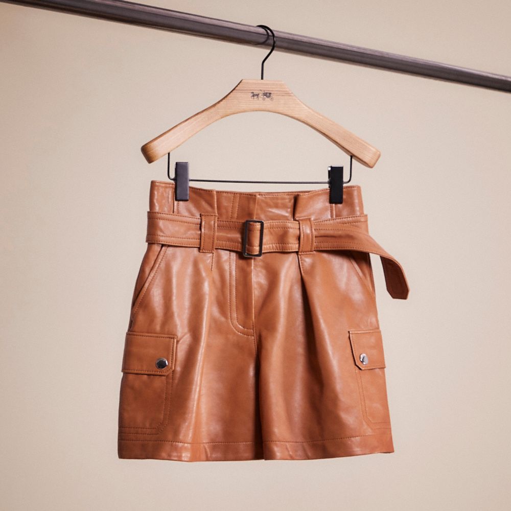 COACH®,RESTORED LEATHER BELTED SHORTS,Leather,Penny,Front View