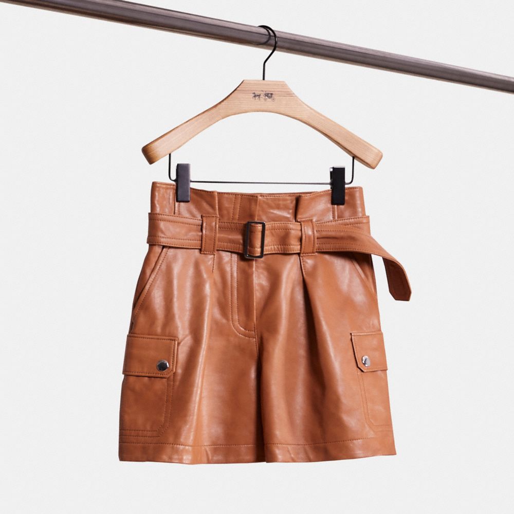 COACH®,RESTORED LEATHER BELTED SHORTS,Leather,Penny,Front View