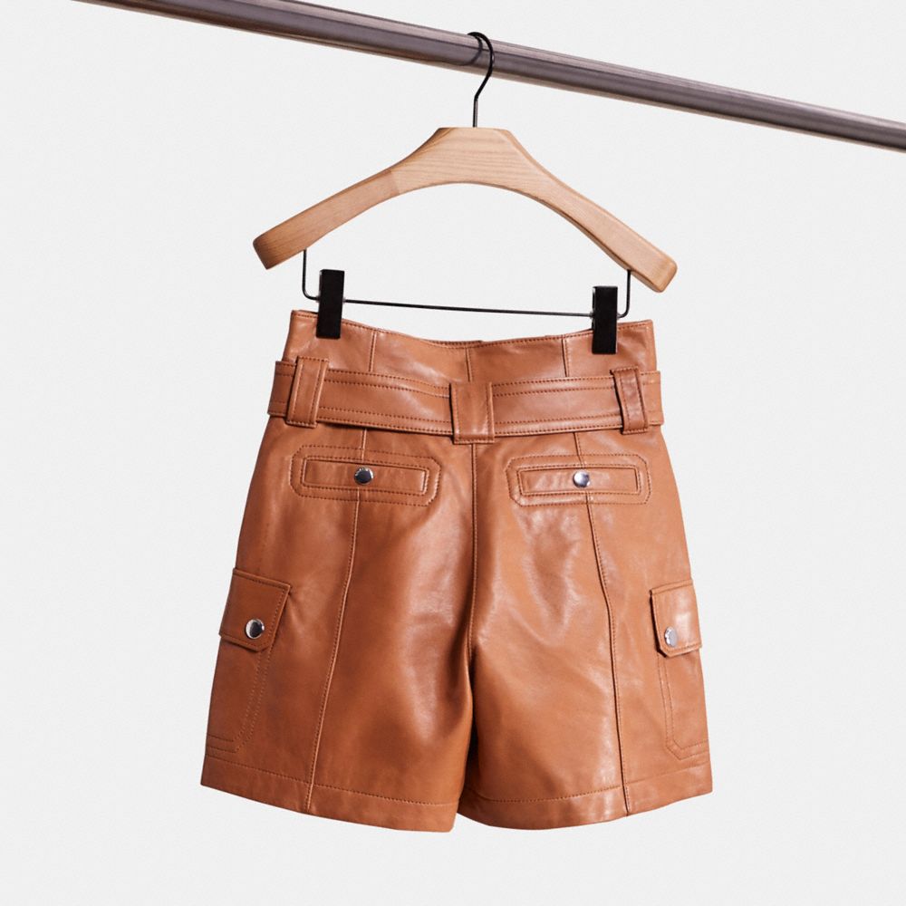 COACH®,Restored Leather Belted Shorts,Leather,Polyester,Spandex,PaperBag,Pleats,Day Party,Brown,Back View