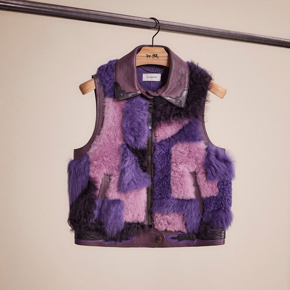 COACH®,RESTORED PATCHWORK SHEARLING VEST,Shearling,Purple,Front View