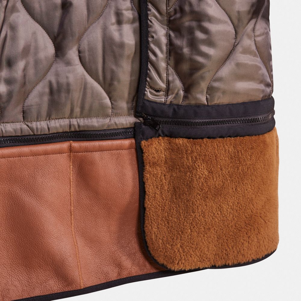 COACH®,Restored Shearling Convertible Parka,Cotton,Viscose,Shearling,Polyester,Leather,Parka,Zipper,Color Block,Drawstring...,Brown,Scale View