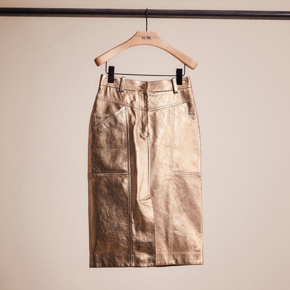COACH®,RESTORED METALLIC LEATHER MIDI SKIRT,Leather,Pyrite,Front View
