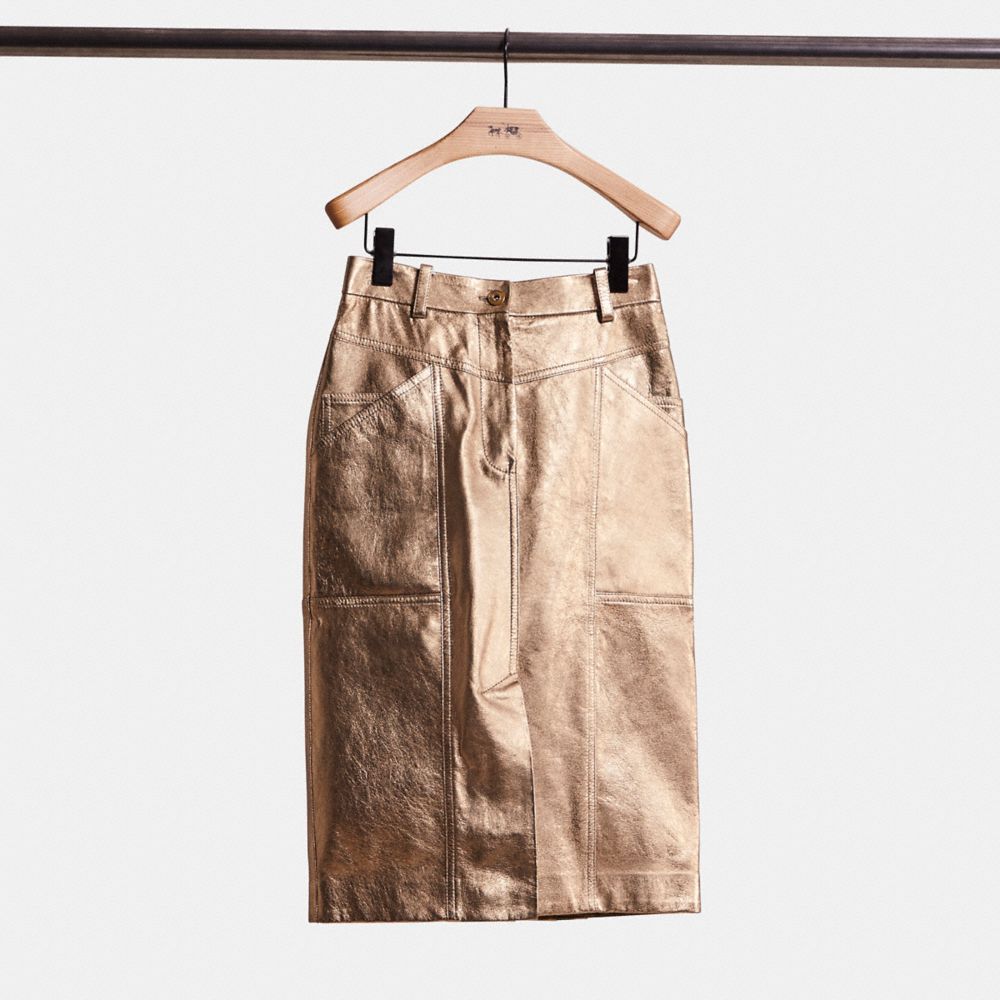 COACH®,RESTORED METALLIC LEATHER MIDI SKIRT,Leather,Pyrite,Front View