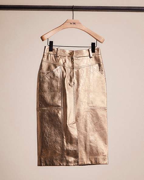 COACH®,RESTORED METALLIC LEATHER MIDI SKIRT,Leather,Pyrite,Front View