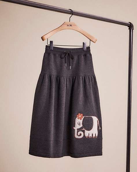 COACH®,RESTORED JERSEY SKIRT WITH COVERSTITCH DETAIL,Cotton/Wool,Charcoal,Front View