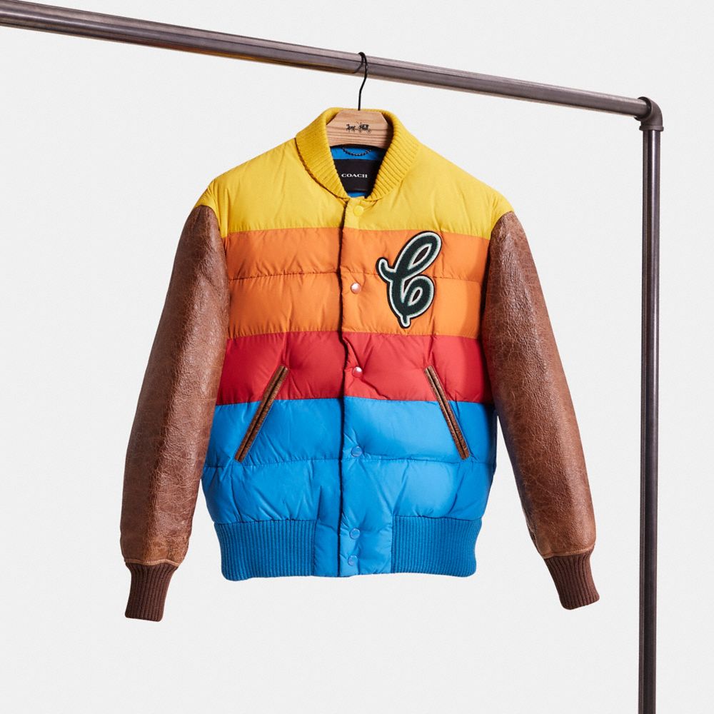 COACH®,RESTORED HYBRID VARSITY JACKET,Nylon,Blue Multi,Front View