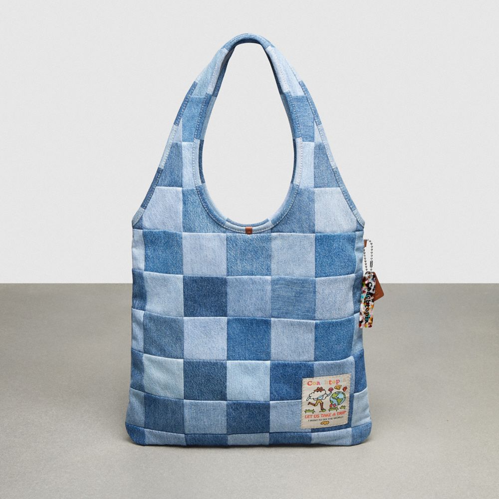 COACH®,Flat Tote In Denim Checkerboard,Denim,Front View