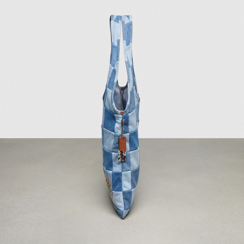 COACH®,Flat Tote In Denim Checkerboard,Cotton,Lining Cotton,Tote,Plastic,Patchwork,Tag Embellishment,Logo,Casual,Blue,Group View