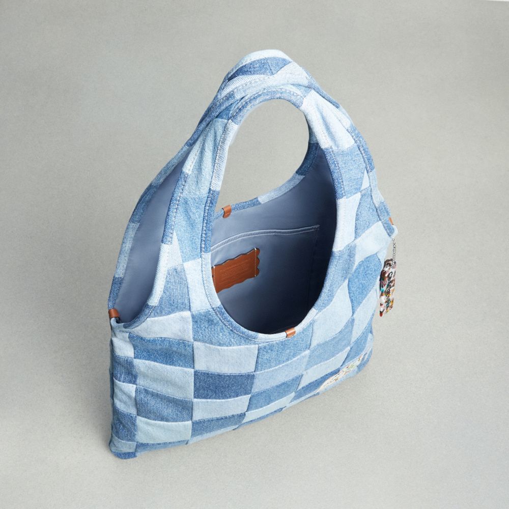 COACH®,Flat Tote In Denim Checkerboard,Cotton,Lining Cotton,Tote,Plastic,Patchwork,Tag Embellishment,Logo,Casual,Blue,Inside View,Top View