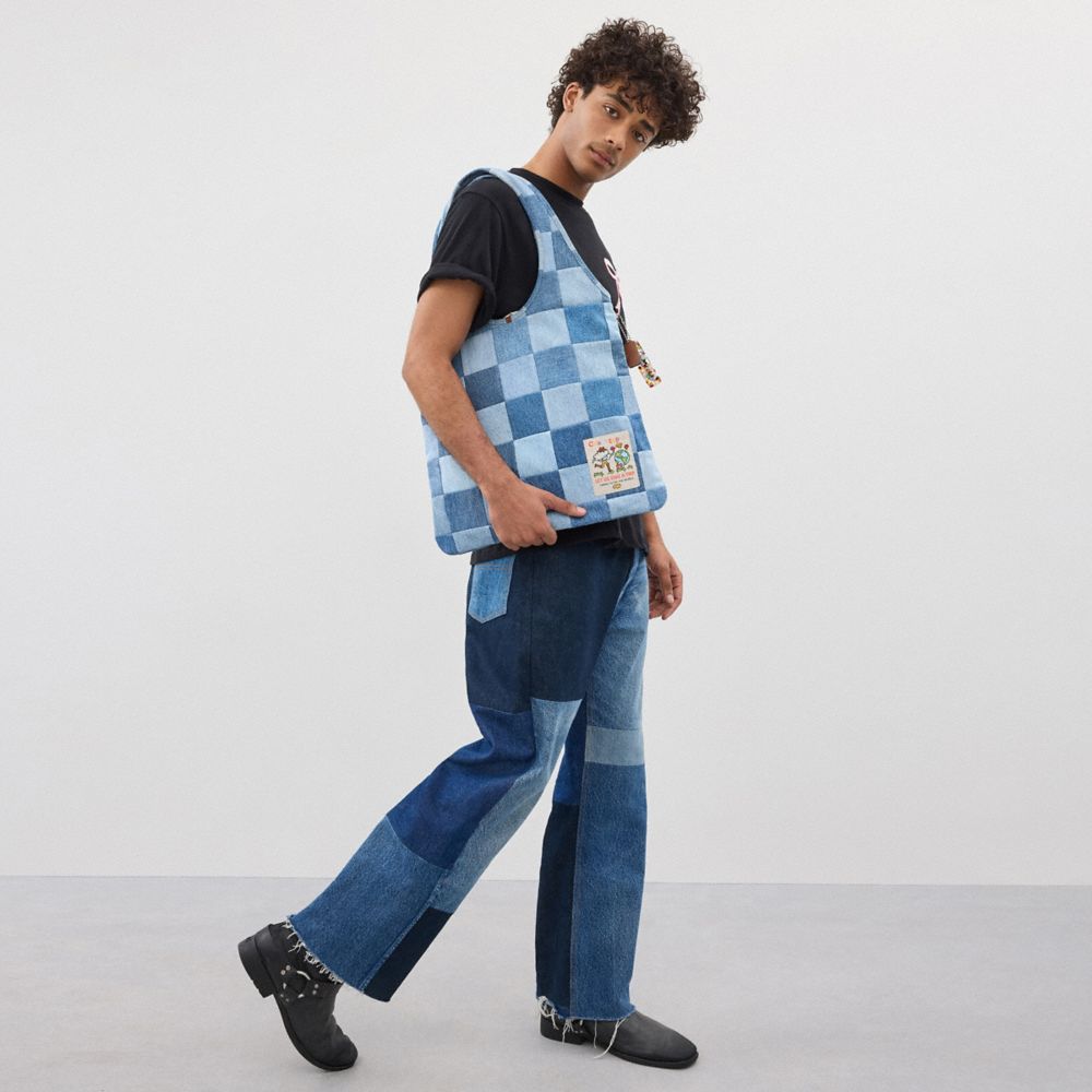 COACH®,Flat Tote In Denim Checkerboard,Cotton,Lining Cotton,Tote,Plastic,Patchwork,Tag Embellishment,Logo,Casual,Blue,Detail View