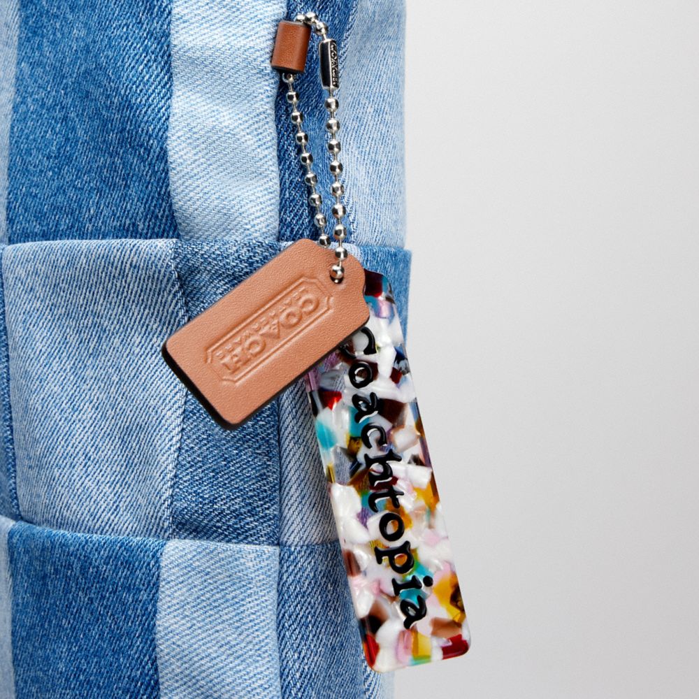COACH®,Flat Tote In Denim Checkerboard,Cotton,Lining Cotton,Tote,Plastic,Patchwork,Tag Embellishment,Logo,Casual,Blue,Group View
