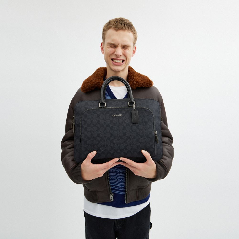 COACH®,Ethan Brief In Signature Canvas,Briefcase,Pen Holder,Work,Black,Detail View