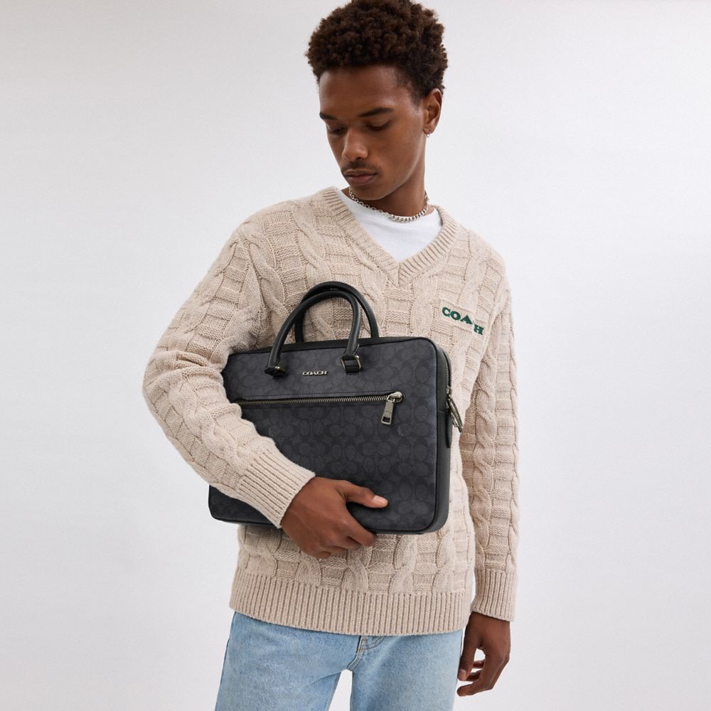 COACH®,PORTE-DOCUMENT FIN ETHAN EN TOILE EXCLUSIVE,Toile exclusive,Bronze industriel/Anthracite/Noir,Detail View