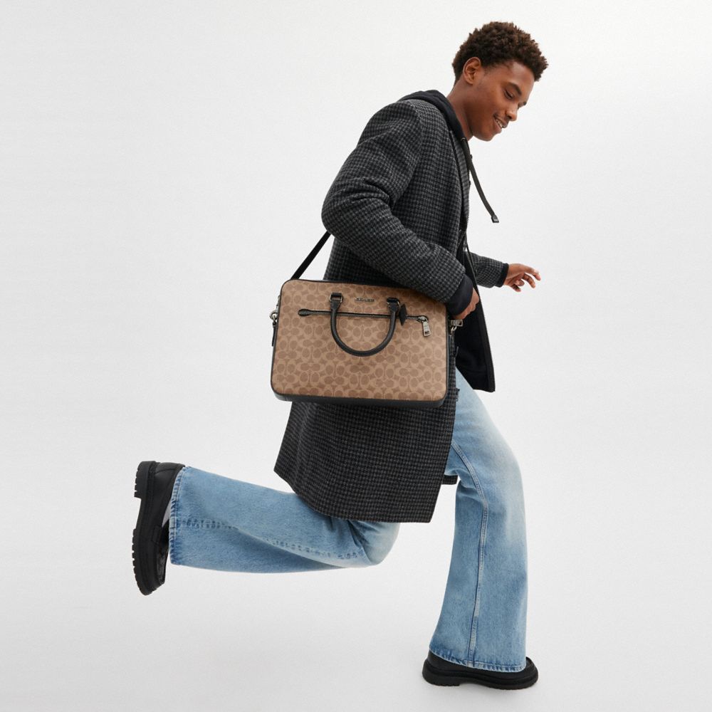 COACH®,Ethan Slim Brief In Signature Canvas,Briefcase,Work,Brown,Detail View