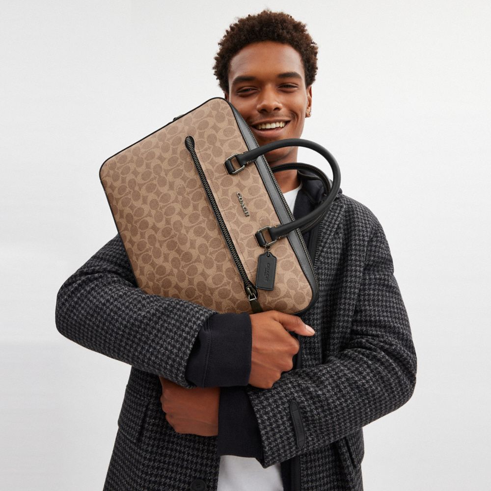 COACH®,Ethan Slim Brief In Signature Canvas,Briefcase,Work,Brown,Detail View