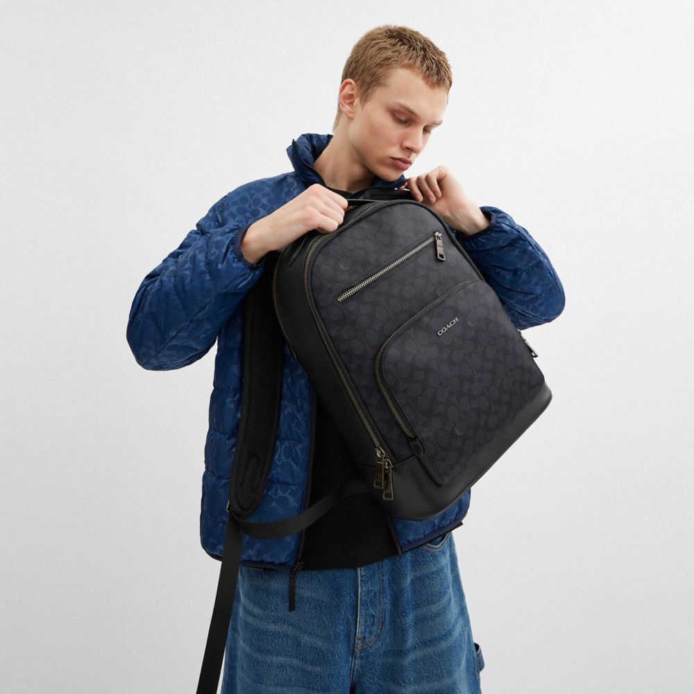 COACH®,Ethan Backpack In Signature Canvas,Canvas,Calfskin Leather,Backpack,Stitching,Color Block,Adjustable,Casual,Black,Detail View