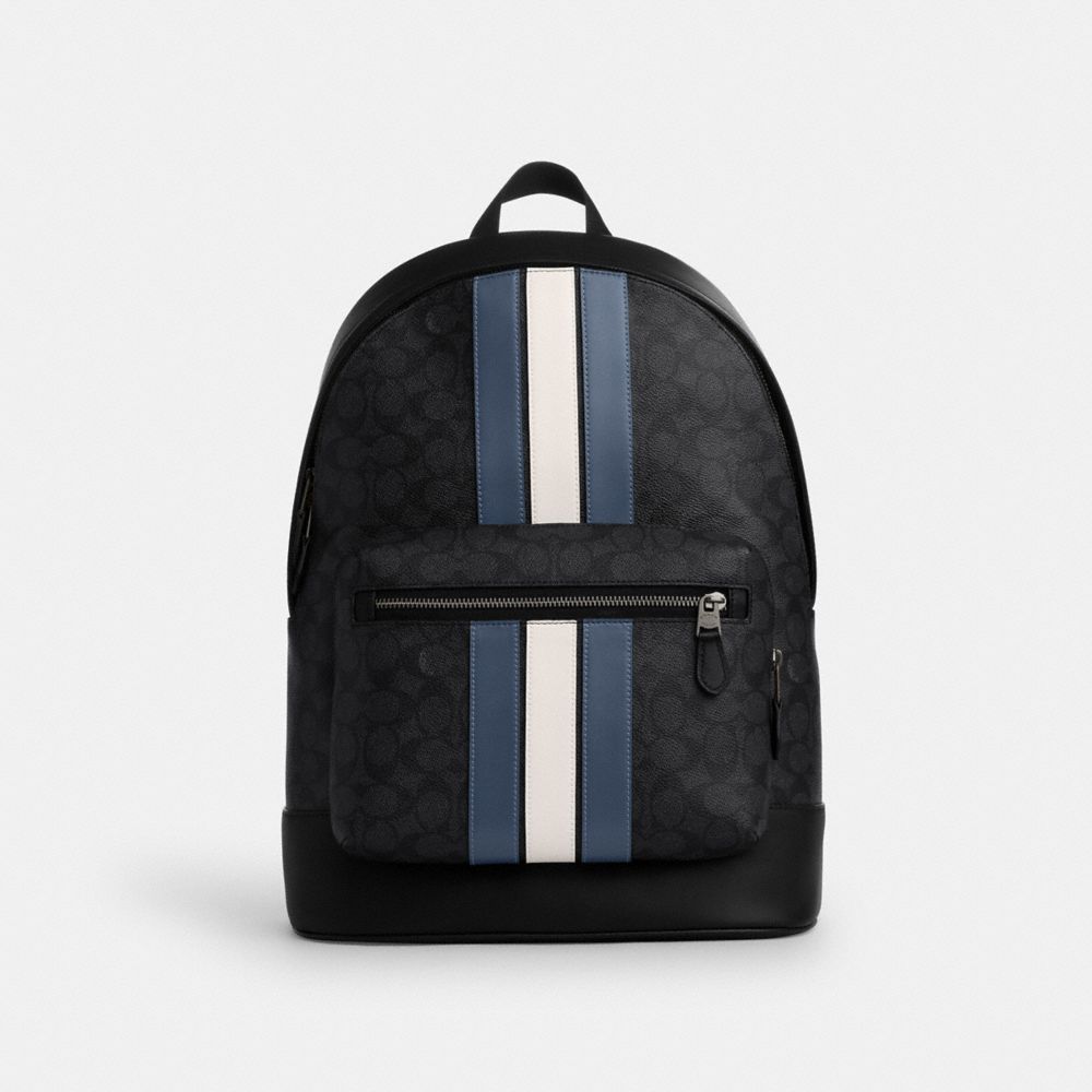 Gunmetal Charcoal Denim Chalk West Backpack In Signature Canvas With Varsity Stripe