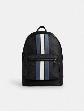 West Backpack In Signature Canvas With Varsity Stripe