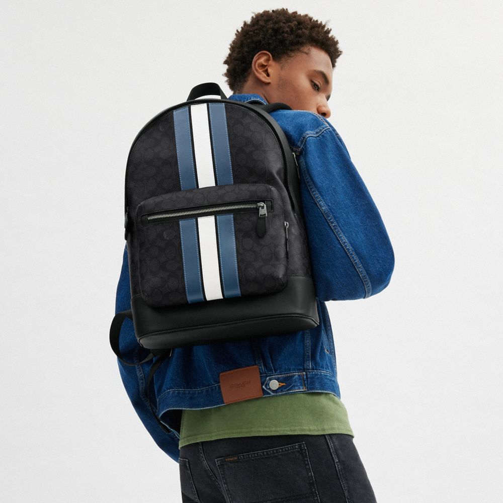 COACH®,West Backpack In Signature Canvas With Varsity Stripe,Backpack,Stripe,Casual,Black,Detail View