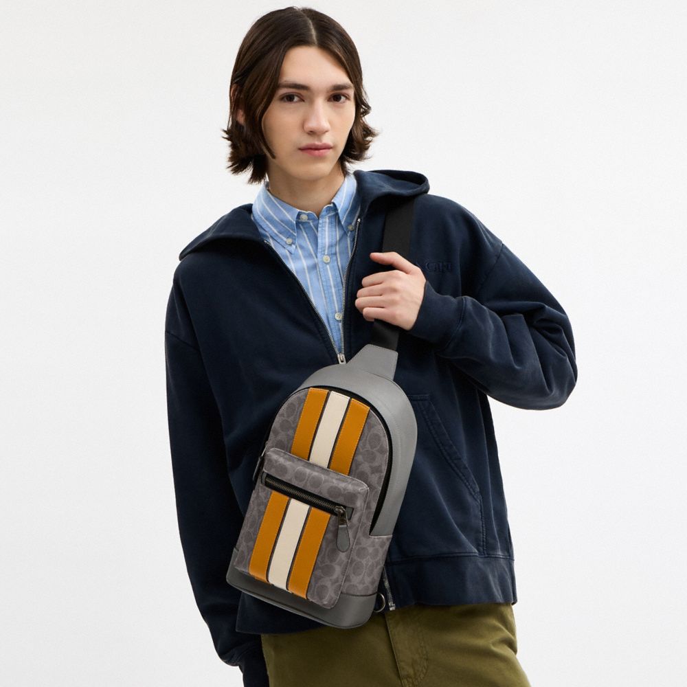 COACH®,SACOCHE WEST EN TOILE EXCLUSIVE À RAYURES VARSITY,Toile exclusive,Qb/Gris/Ocre/Craie,Detail View
