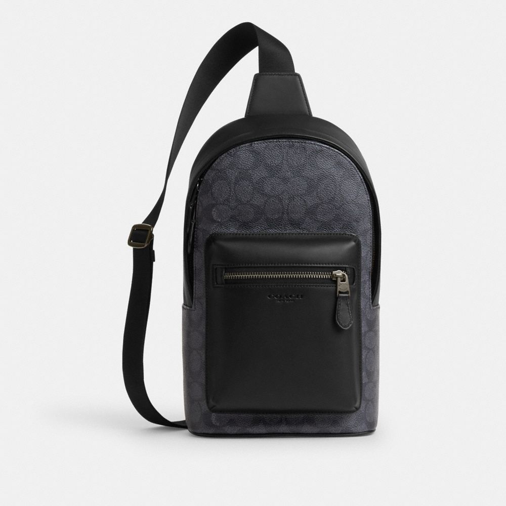 COACH®,West Pack In Signature Canvas,Canvas,Calfskin Leather,Slingback,Color Block,Embossed,Logo,Adjustable,Casual,Black,Front View