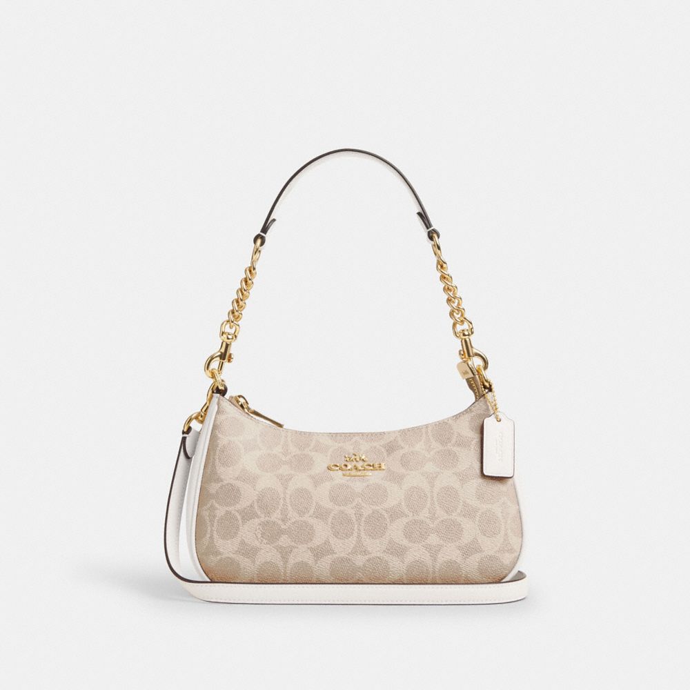 COACH®,Teri Shoulder Bag In Signature Canvas,Shoulder Bag,Metal,Embossed,Tag Embellishment,Logo,Casual,Beige,Front View