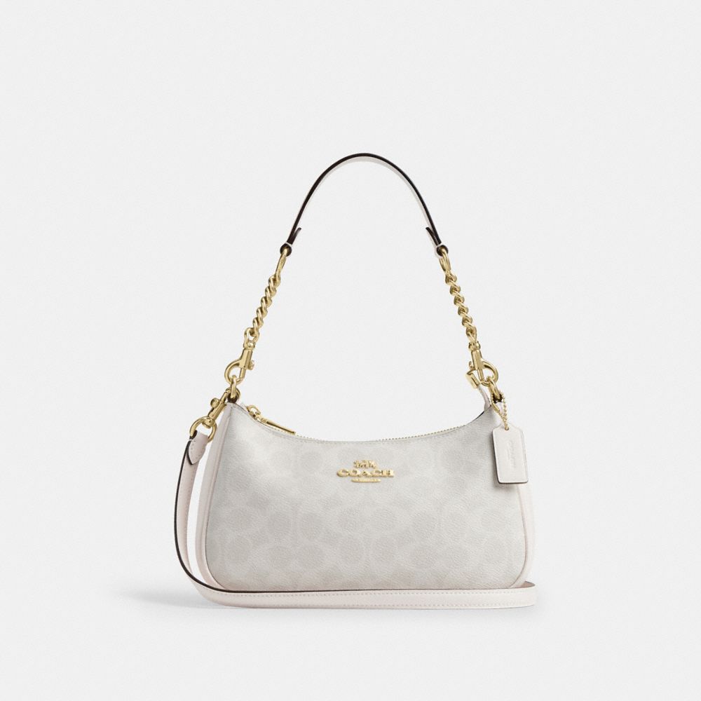 COACH®,Teri Shoulder Bag In Signature Canvas,Shoulder Bag,Embossed,Tag Embellishment,Metal,Logo,Casual,Gray,Front View