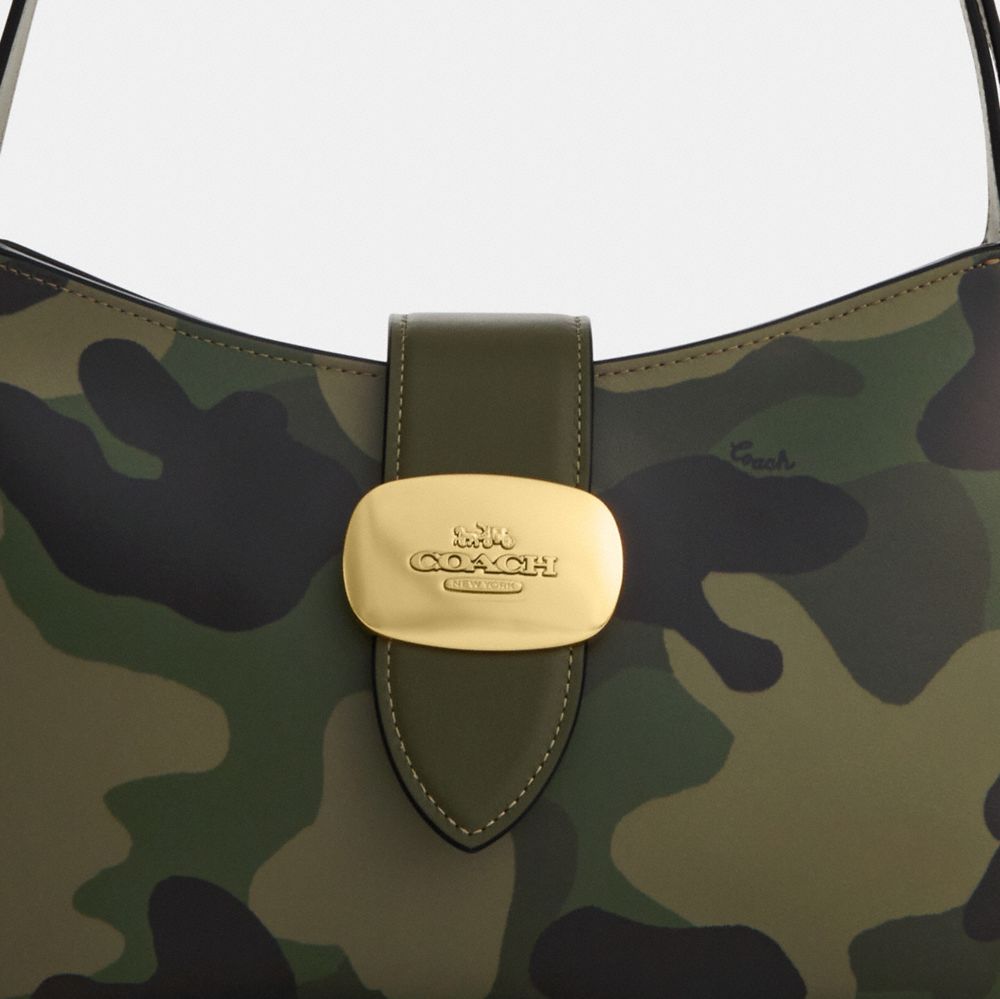 COACH®,Eliza Shoulder Bag With Zipper Closure And Camo Print,Calfskin Leather,Shoulder Bag,Embossed,Logo,Casual,Olive