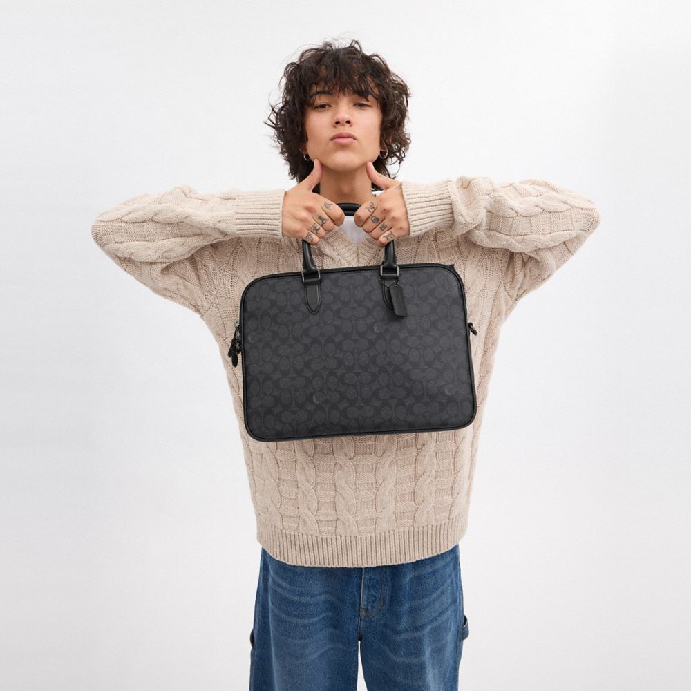 COACH®,Gotham Slim Briefcase In Signature Canvas,Briefcase,Work,Gray,Multi Color,Detail View