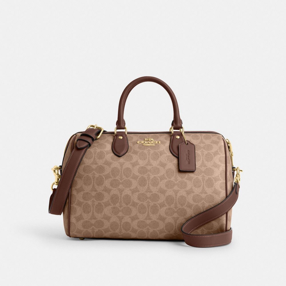 COACH®,Rowan Large Satchel Bag In Signature Canvas,Satchel,Work,Casual,Brown,Front View