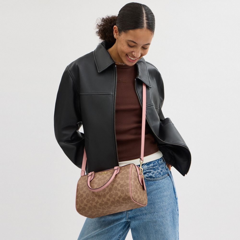 COACH®,Rowan Satchel Bag In Signature Canvas,Satchel,Piping,Casual,Work,Brown,Detail View