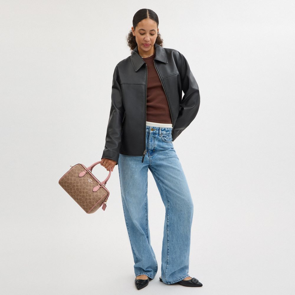 COACH®,SACOCHE ROWAN EN TOILE EXCLUSIVE,Toile exclusive,Or/Marron orangé/Rose pétale,Detail View