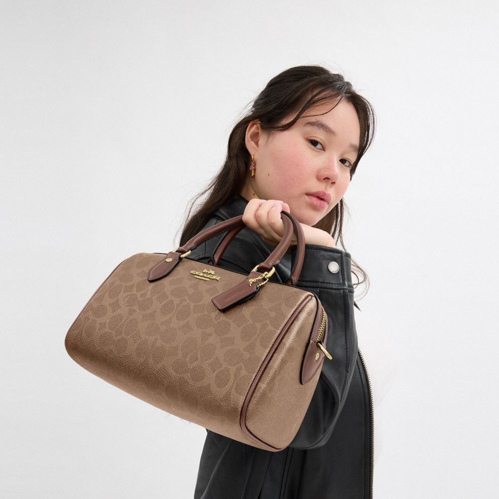 COACH®,Rowan Satchel Bag In Signature Canvas,Satchel,Piping,Work,Casual,Brown,Detail View