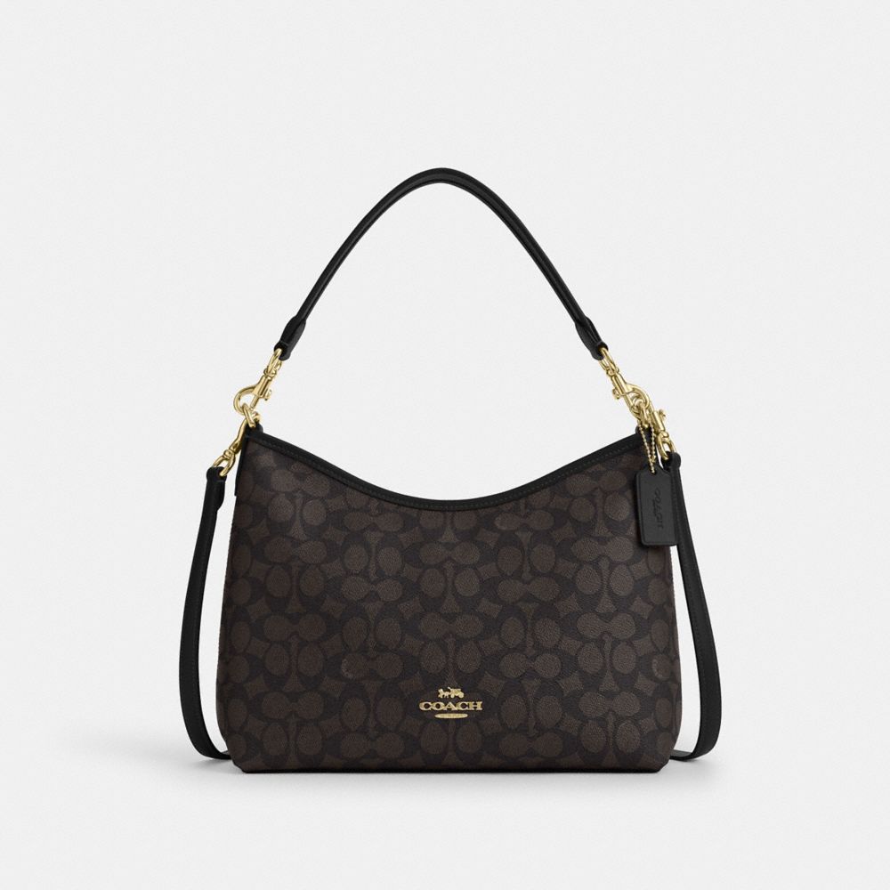 COACH®,Laurel Shoulder Bag In Signature Canvas,Canvas,Shoulder Bag,Piping,Casual,Black,Front View