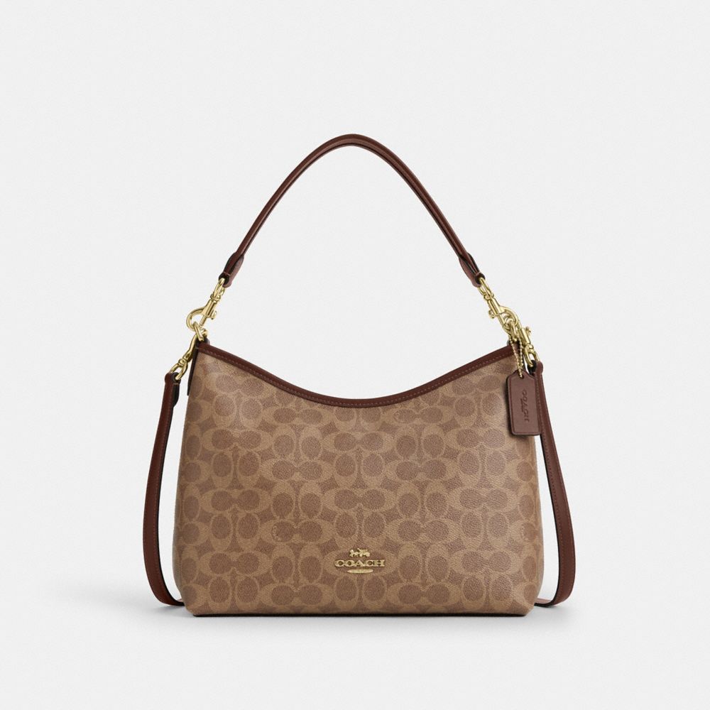 COACH®,Laurel Shoulder Bag In Signature Canvas,Canvas,Shoulder Bag,Piping,Casual,Brown,Front View