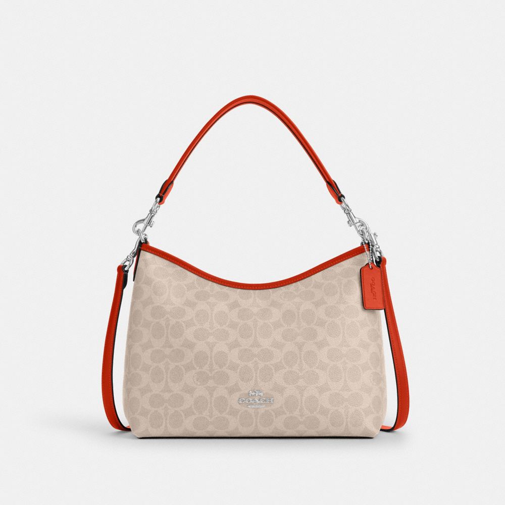 COACH®,Laurel Shoulder Bag In Signature Canvas,Canvas,Shoulder Bag,Piping,Casual,Beige,Front View