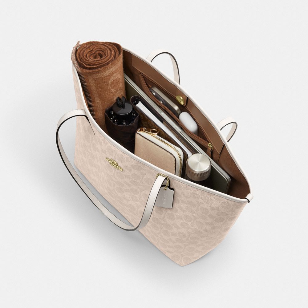 COACH®,City Tote Bag In Signature Canvas,Tote,Tag Embellishment,Color Block,Embossed,Logo,Piping,Metal,Casual,Beige,Inside View,Top View