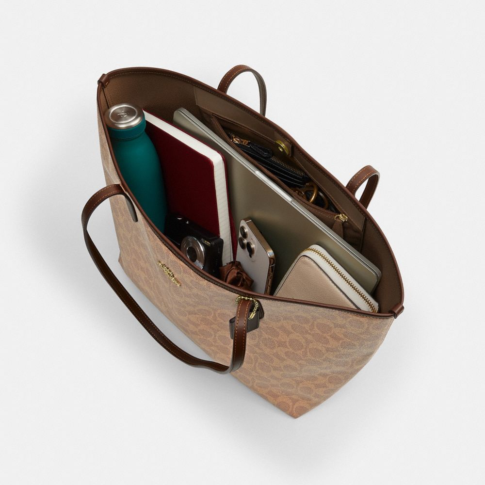 COACH®,City Tote Bag In Signature Canvas,Tote,Tag Embellishment,Color Block,Embossed,Logo,Piping,Metal,Casual,Multi Color,Inside View,Top View