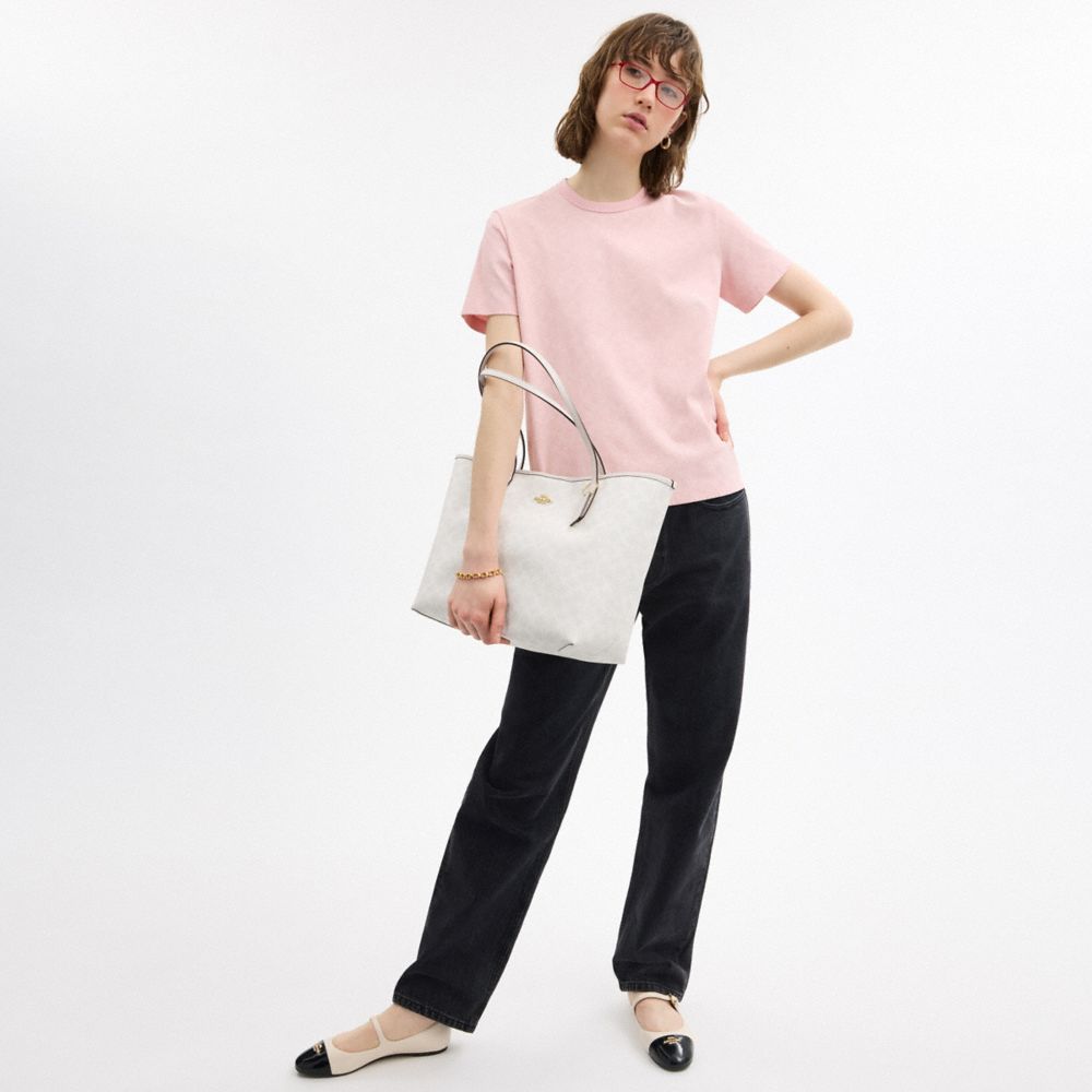 COACH®,City Tote Bag In Signature Canvas,Tote,Logo,Embossed,Piping,Metal,Color Block,Tag Embellishment,Casual,Gray,Detail View