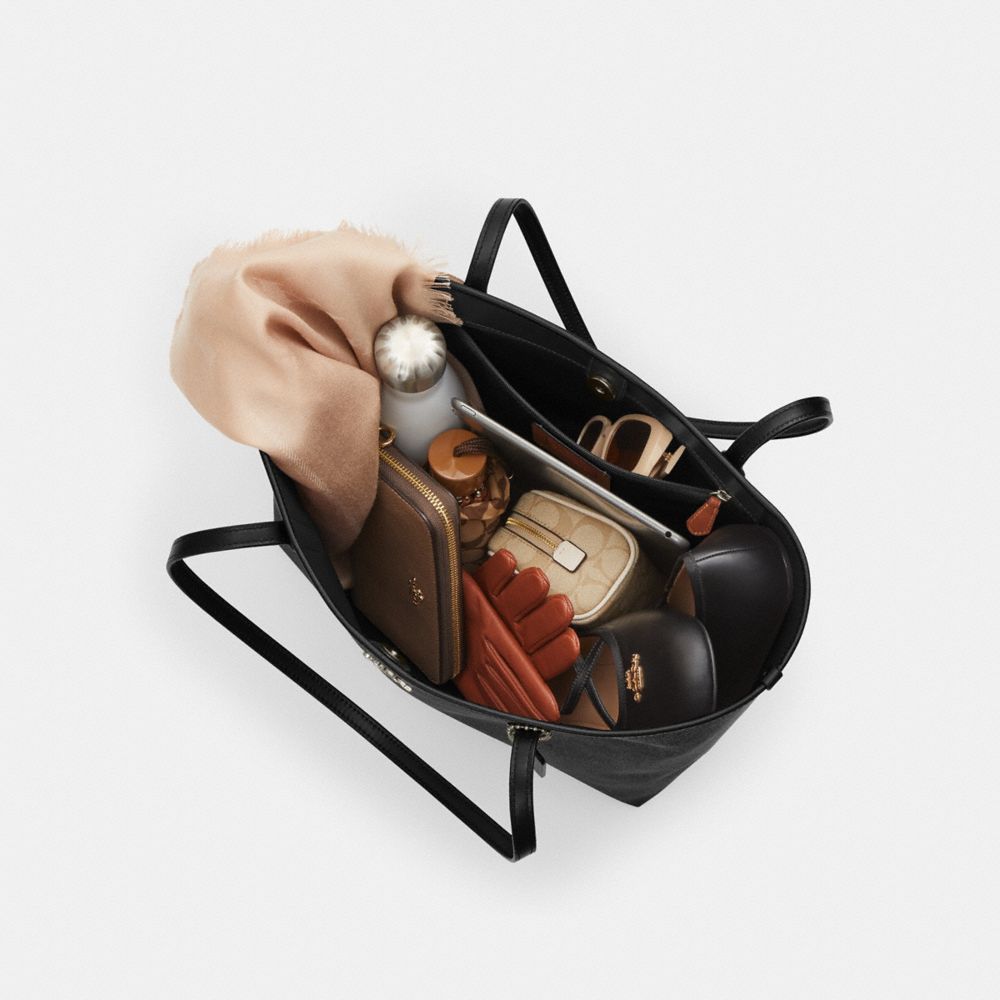 COACH®,City Tote Bag In Signature Canvas,Tote,Tag Embellishment,Color Block,Embossed,Logo,Piping,Metal,Casual,Black,Inside View,Top View