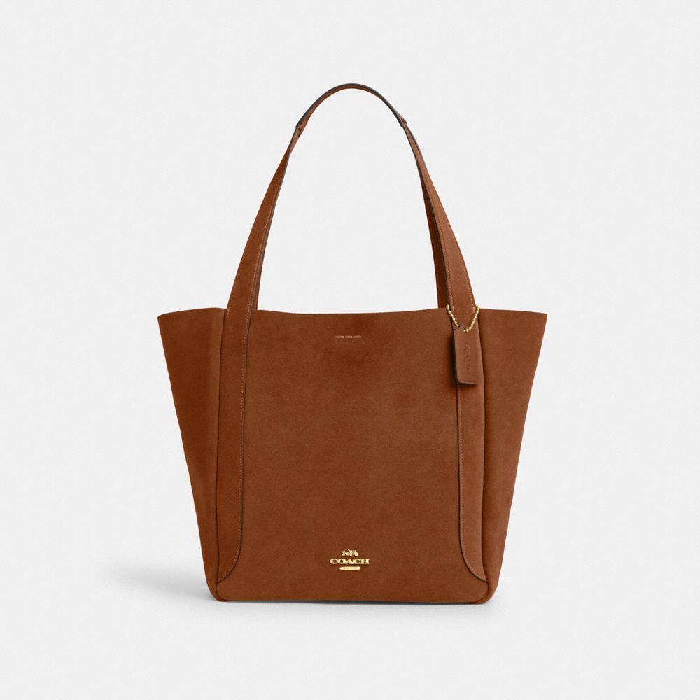 COACH®,Hadley Tote Bag In Suede,Leather,Tote,Logo,Metal,Casual,Brown,Front View