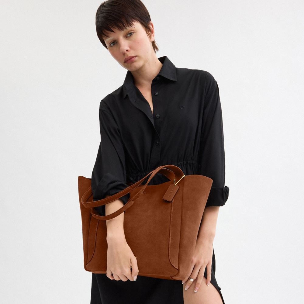 COACH®,Hadley Tote Bag In Suede,Leather,Tote,Logo,Metal,Casual,Brown,Detail View