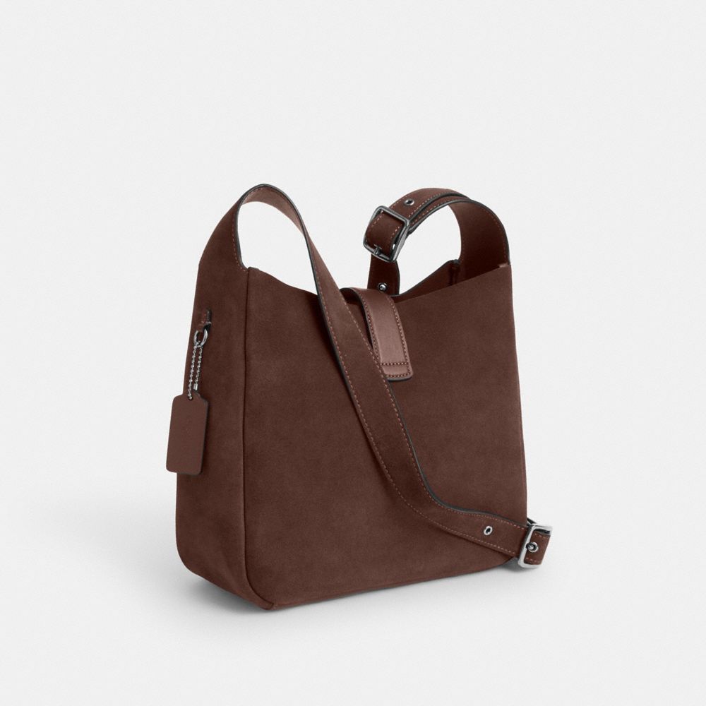 COACH®,Hadley Convertible Crossbody Bag In Suede,Suede,Crossbody,Logo,Metal,Embossed,Casual,Brown,Angle View
