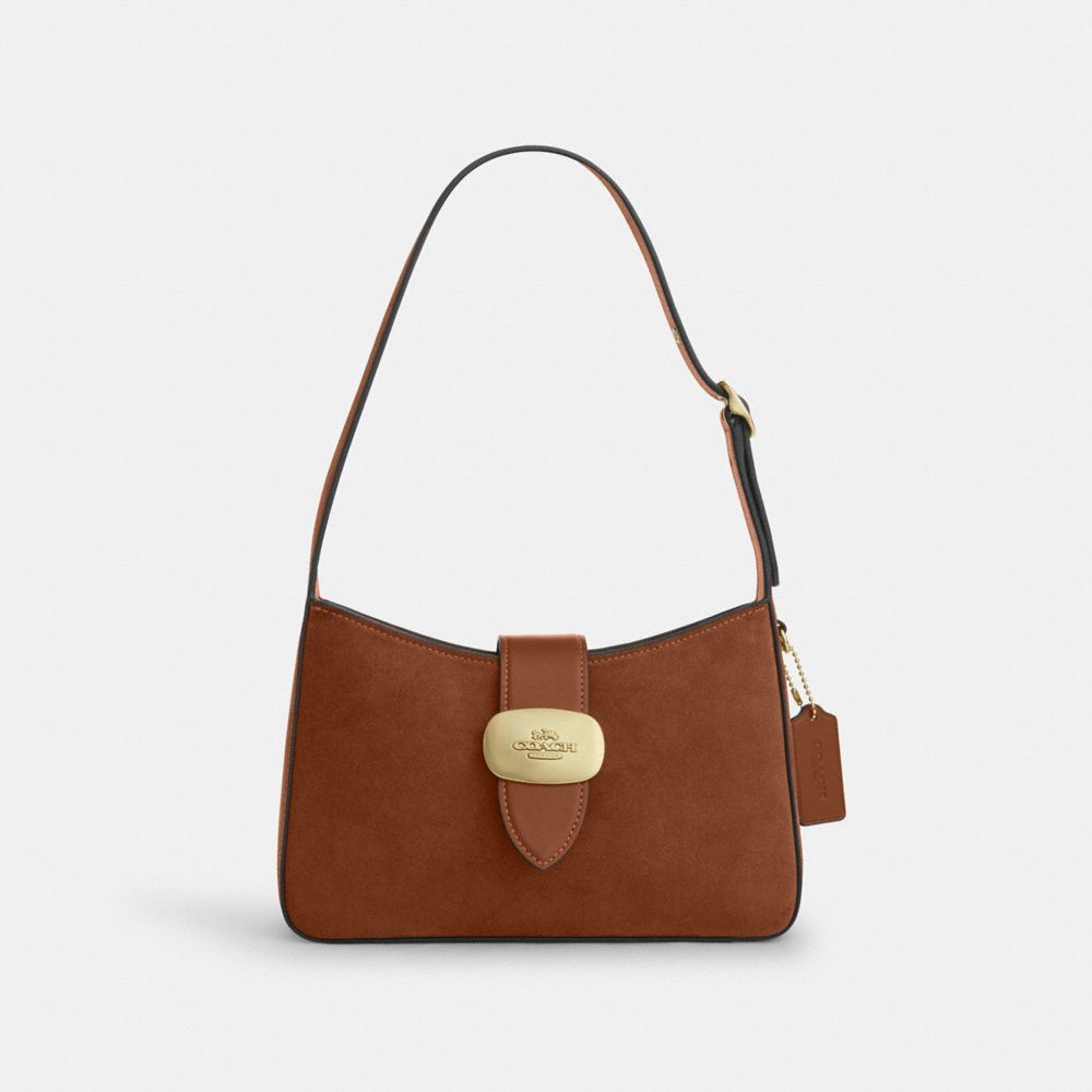 COACH®,Eliza Shoulder Bag With Zipper Closure In Suede,Brown,Front View