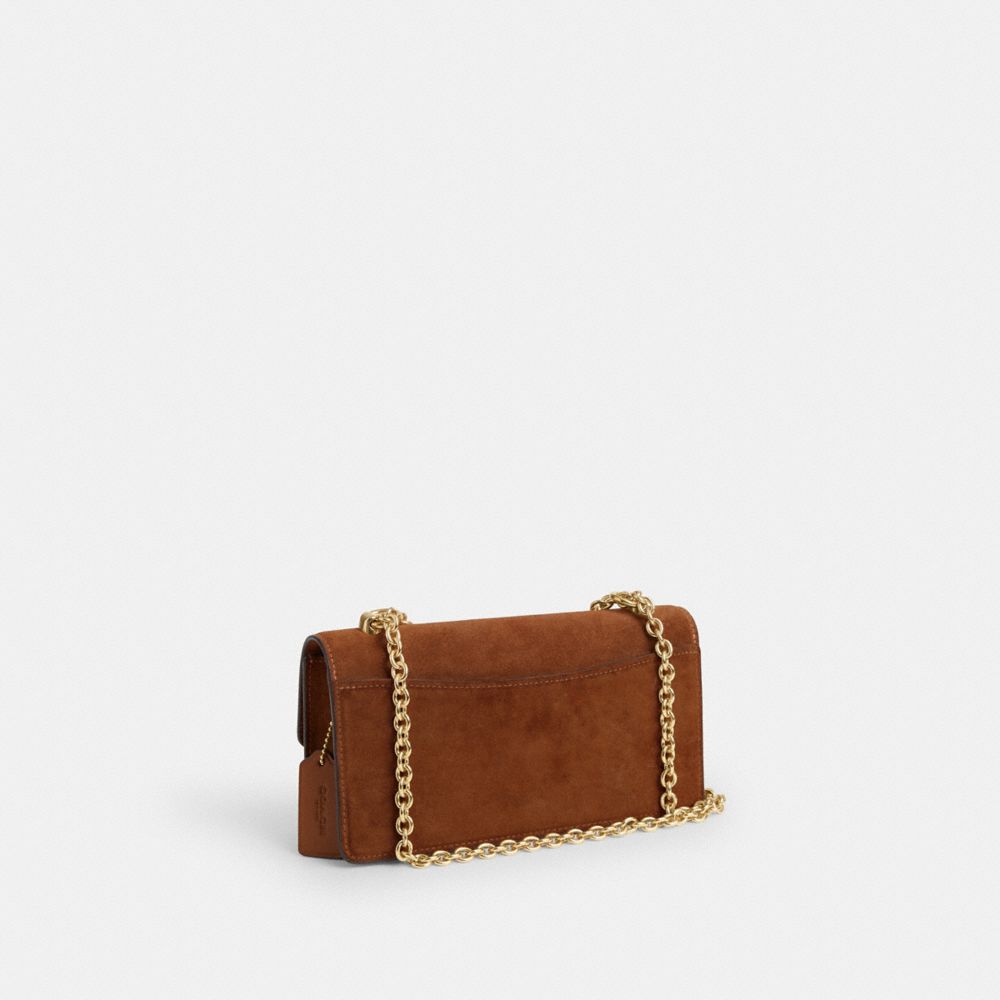 COACH®,Eliza Flap Crossbody Bag In Suede,Suede,Crossbody,Logo,Embossed,Lined,Pen Holder,Gold Metal,Casual,Day Party,Brown,Angle View