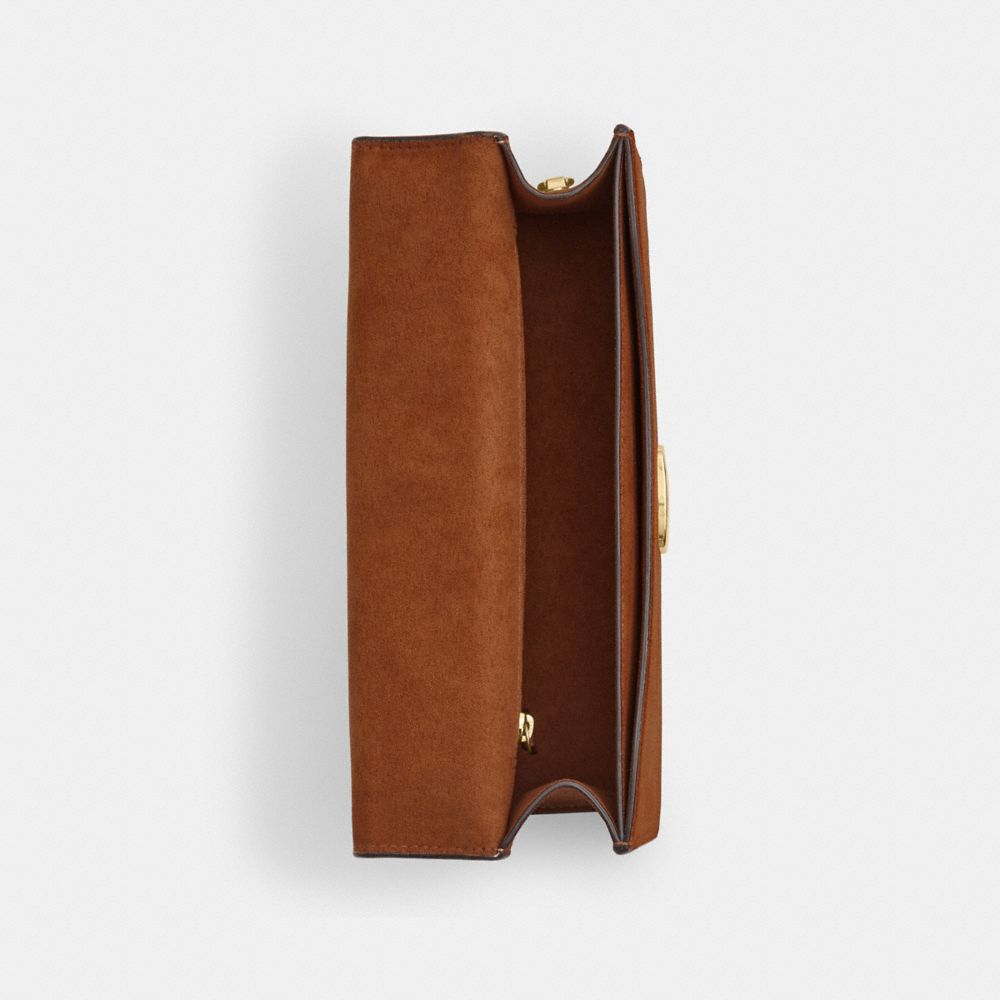 COACH®,Eliza Flap Crossbody Bag In Suede,Suede,Crossbody,Logo,Embossed,Lined,Pen Holder,Gold Metal,Casual,Day Party,Brown,Inside View,Top View